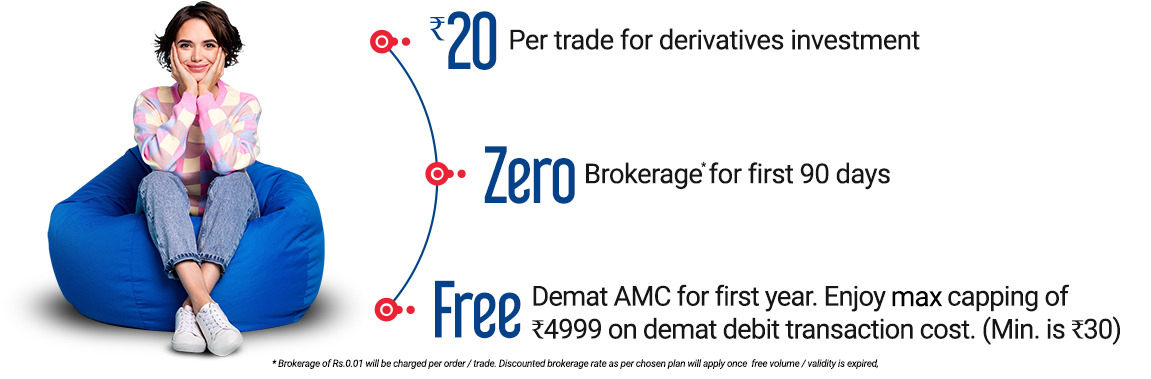 ₹20 Per trade for derivatives investment 3in1 Account Experience the joy of seamless investing,Free Demat AMC for first year. Enjoy max capping of ₹4999 on demat debit transaction cost. (Min. is ₹30)